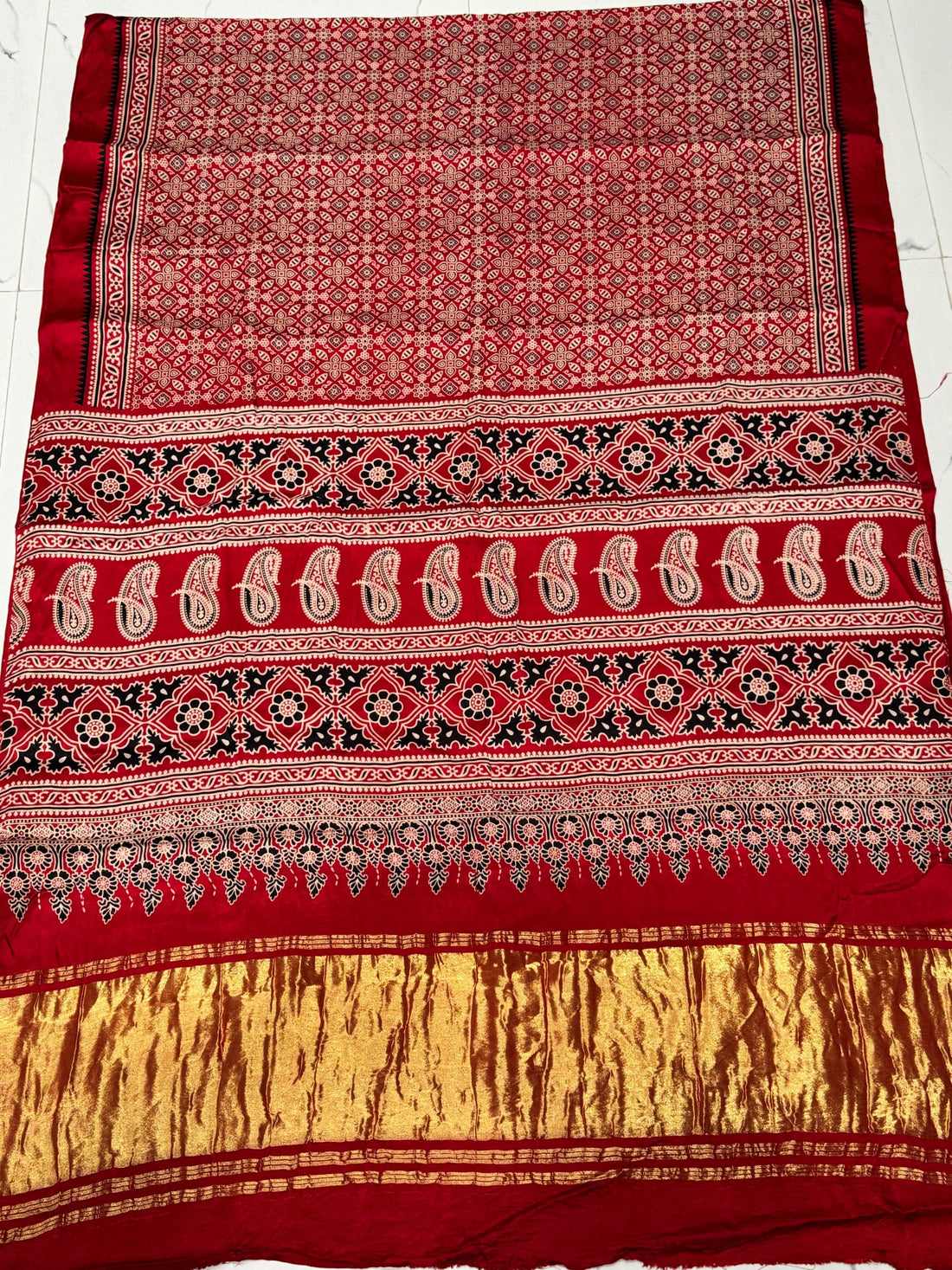 Red Ajrakh Hand Block Modal Silk Saree With Zari Pallu A4