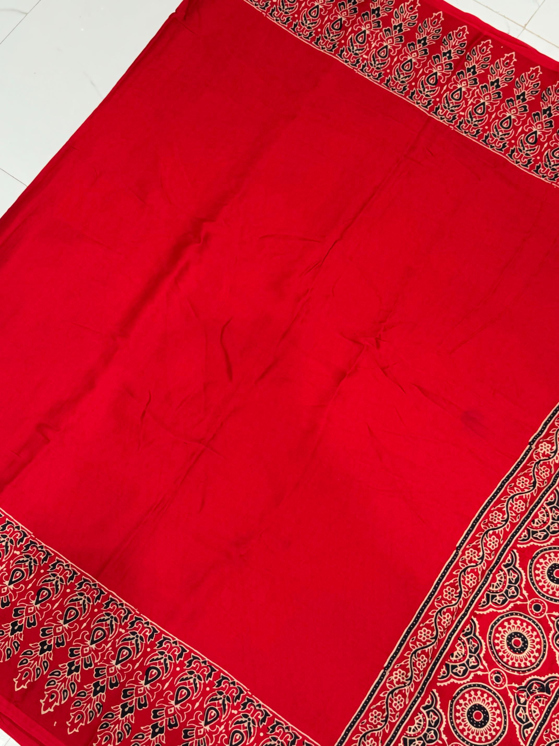 Red Ajrakh Hand Block Modal Silk Saree With Fancy Ajrakh Pallu And Border