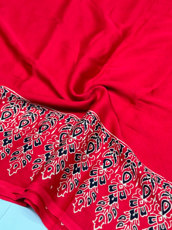 Red Ajrakh Hand Block Modal Silk Saree With Fancy Ajrakh Pallu And Border