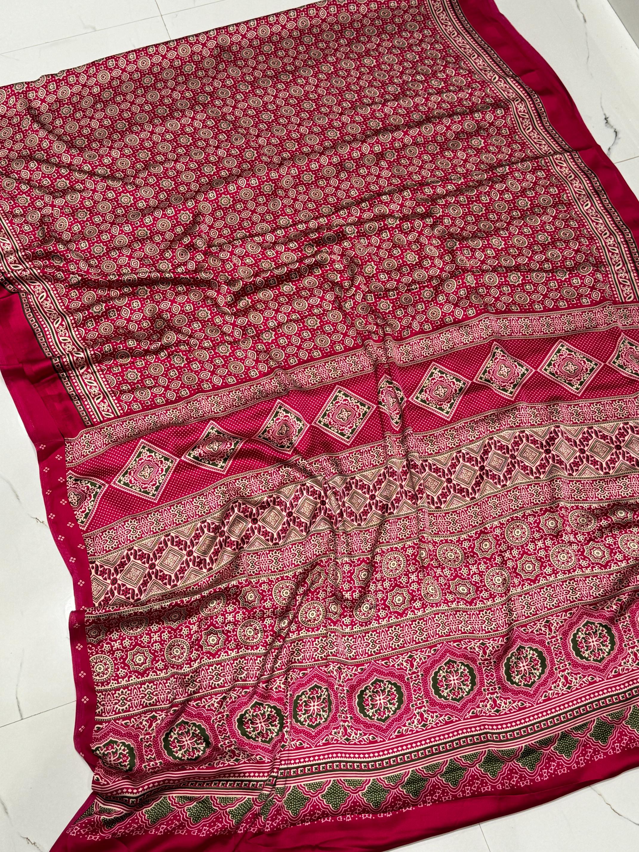 Rani Ajrakh Printed Soft Modal Silk Natural Print Saree P1