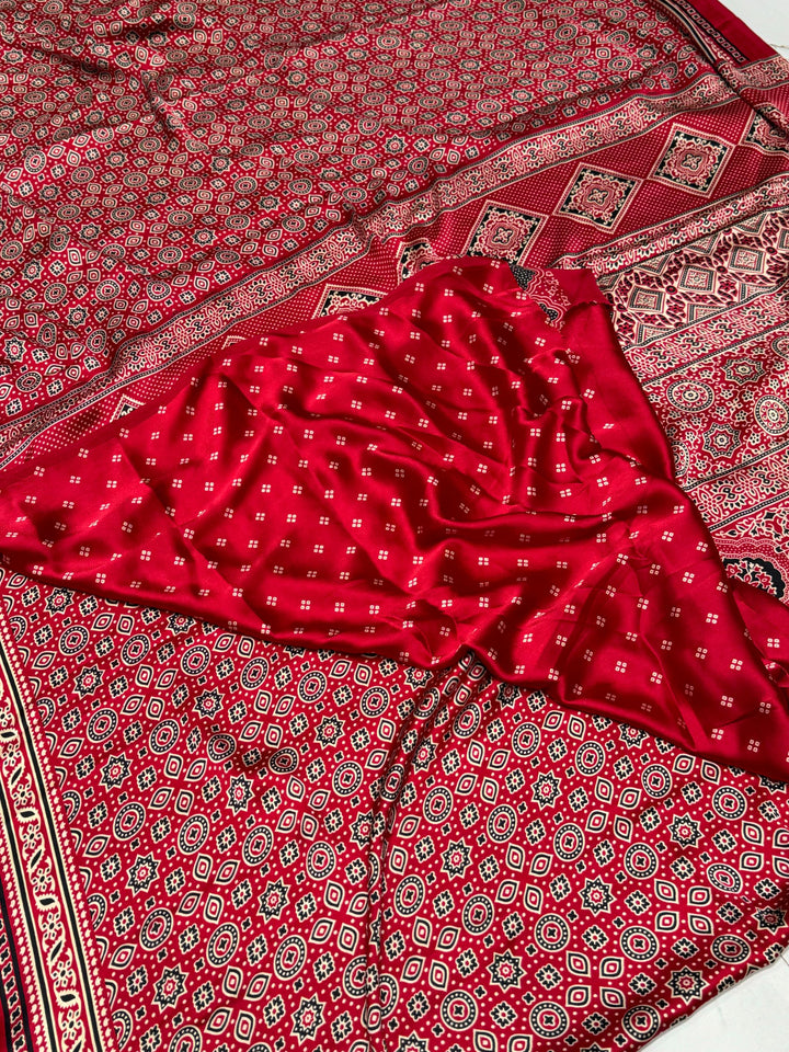 Maroon Ajrakh Printed Soft Modal Silk Natural Print Saree P1