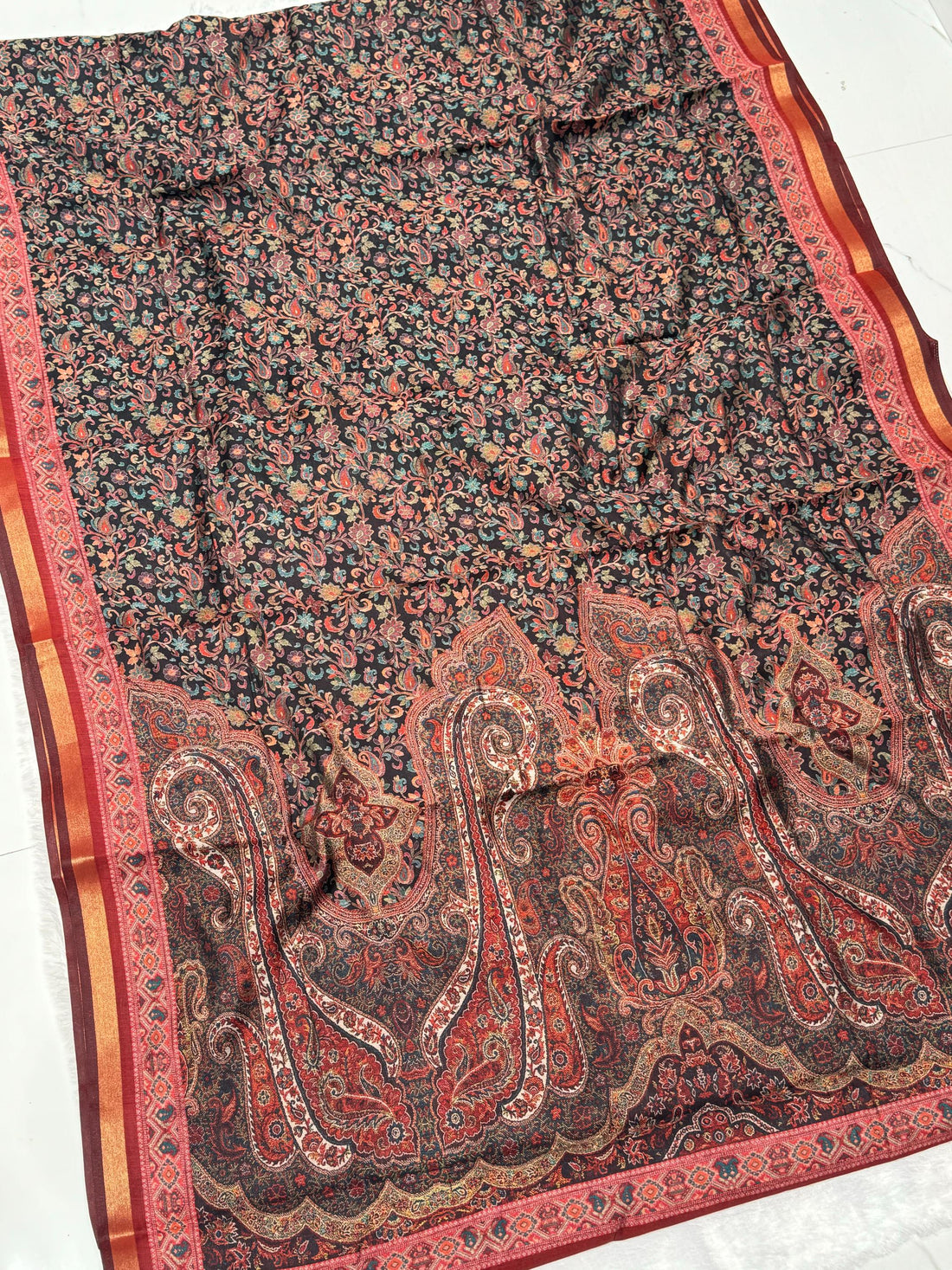 Black Ajrakh With Kalamkari Design Hand Block Print Maslin silk Saree K10