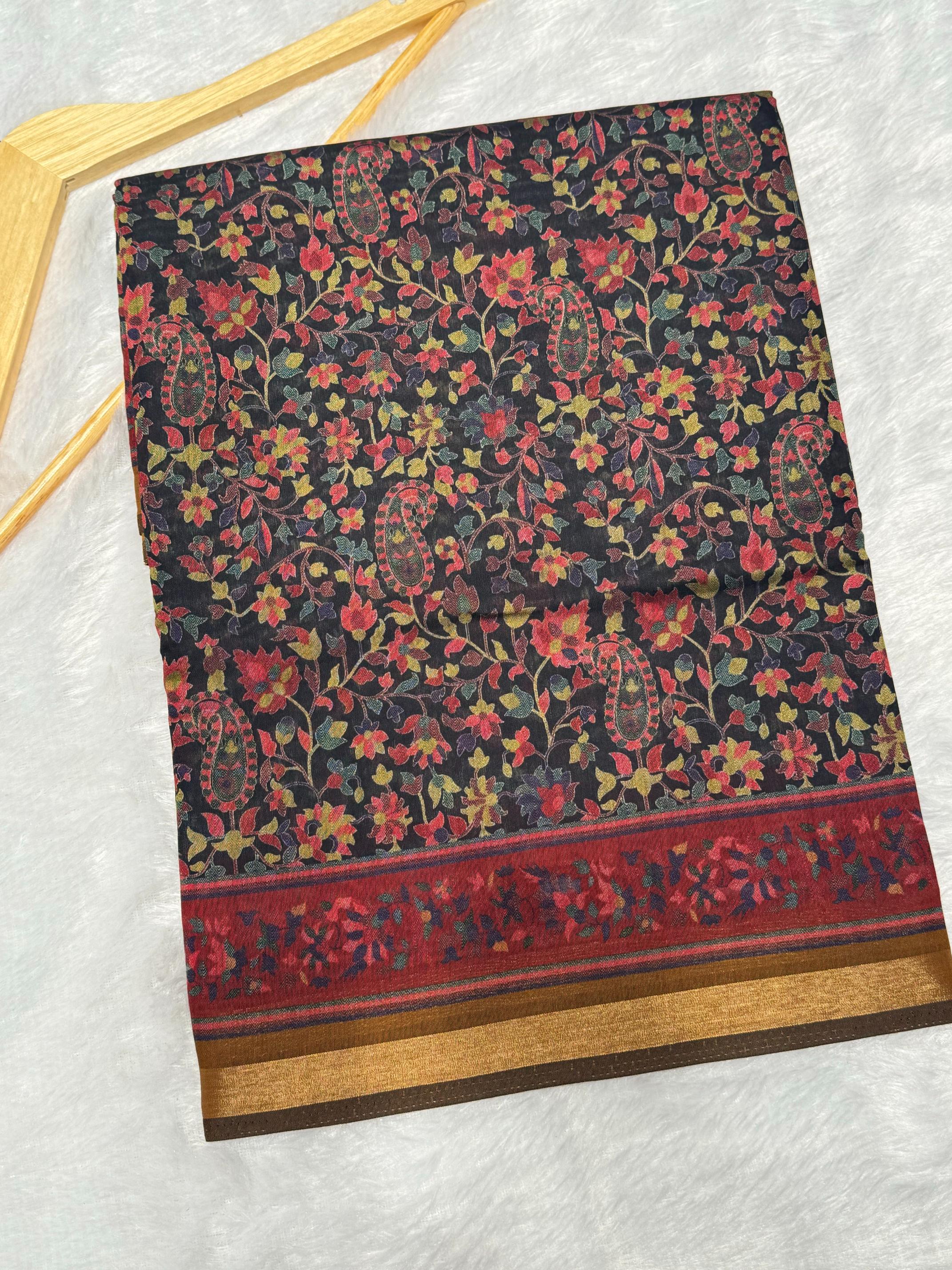 Black Ajrakh With Kalamkari Design Hand Block Print Maslin silk Saree K11