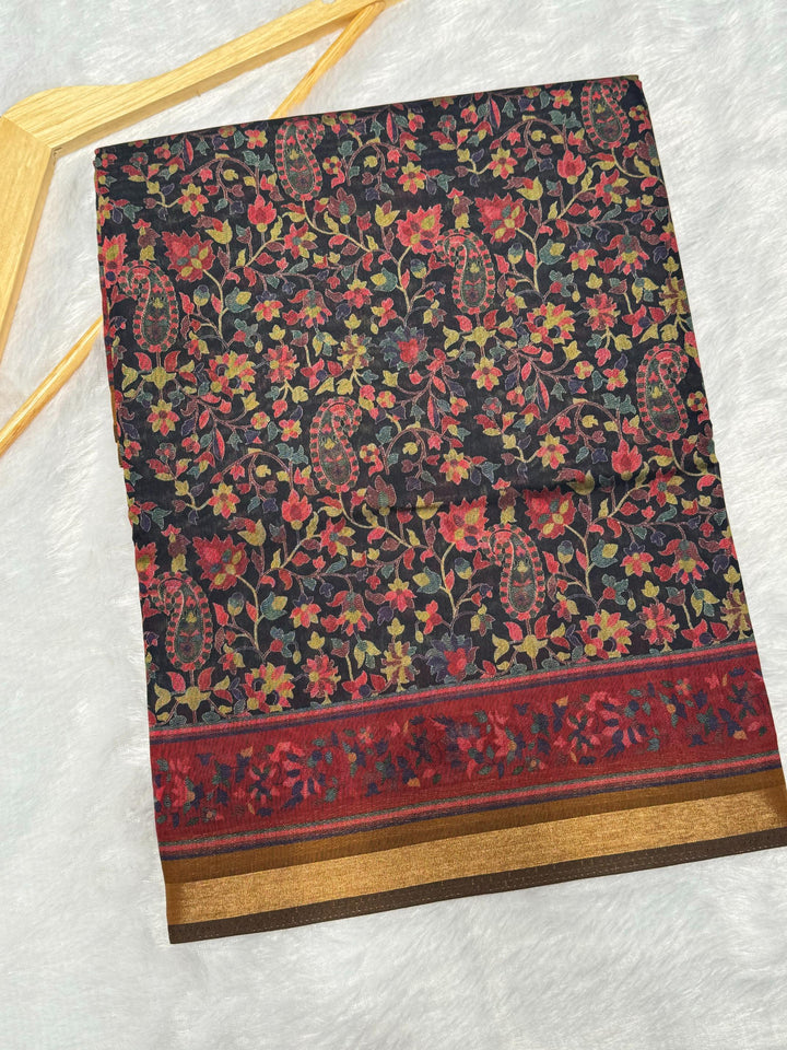 Black Ajrakh With Kalamkari Design Hand Block Print Maslin silk Saree K11