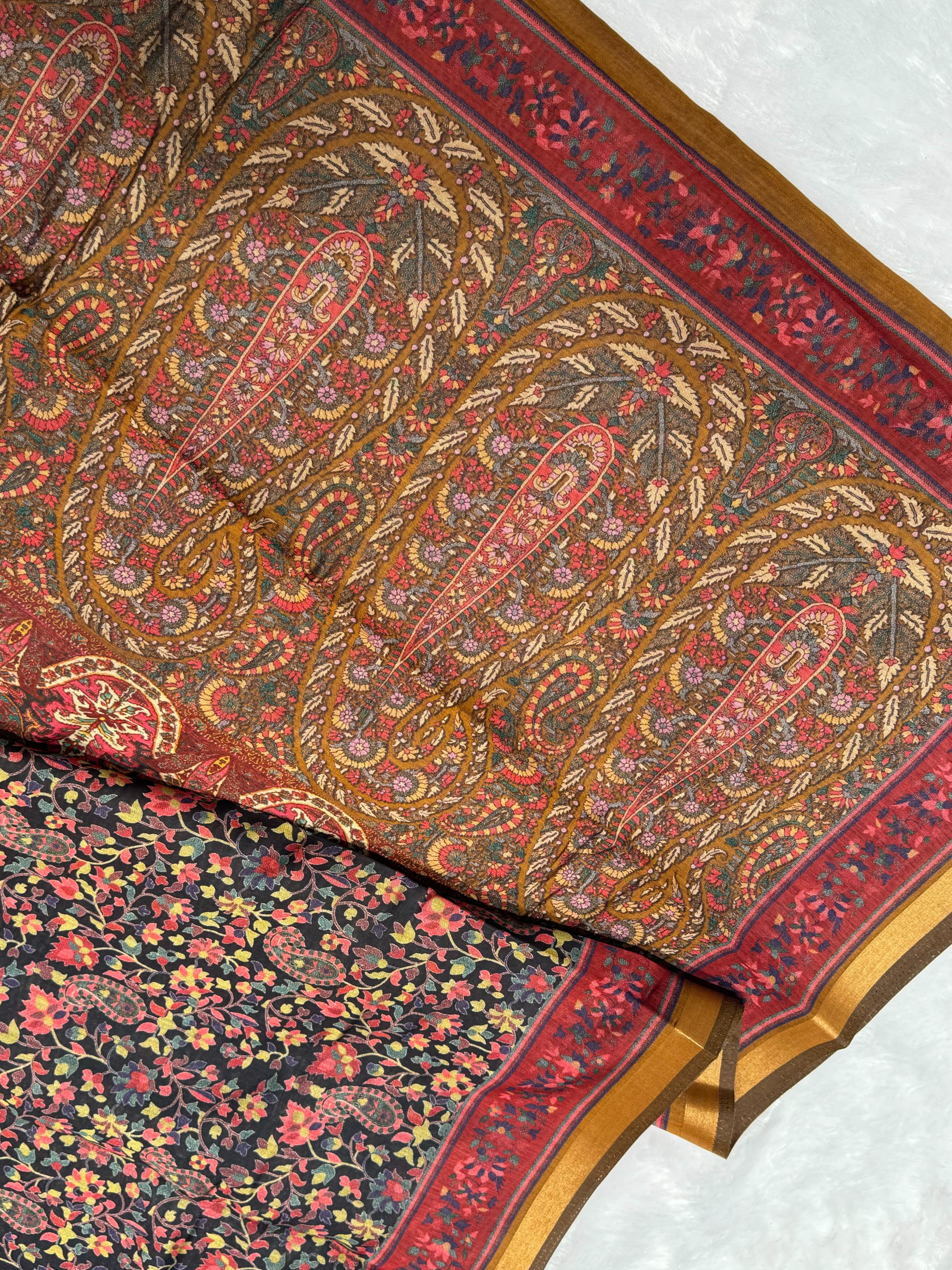 Black Ajrakh With Kalamkari Design Hand Block Print Maslin silk Saree K11