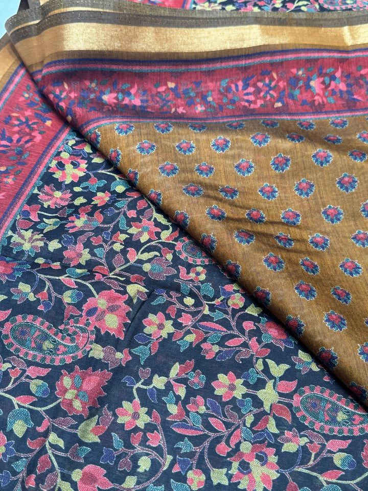 Black Ajrakh With Kalamkari Design Hand Block Print Maslin silk Saree K11