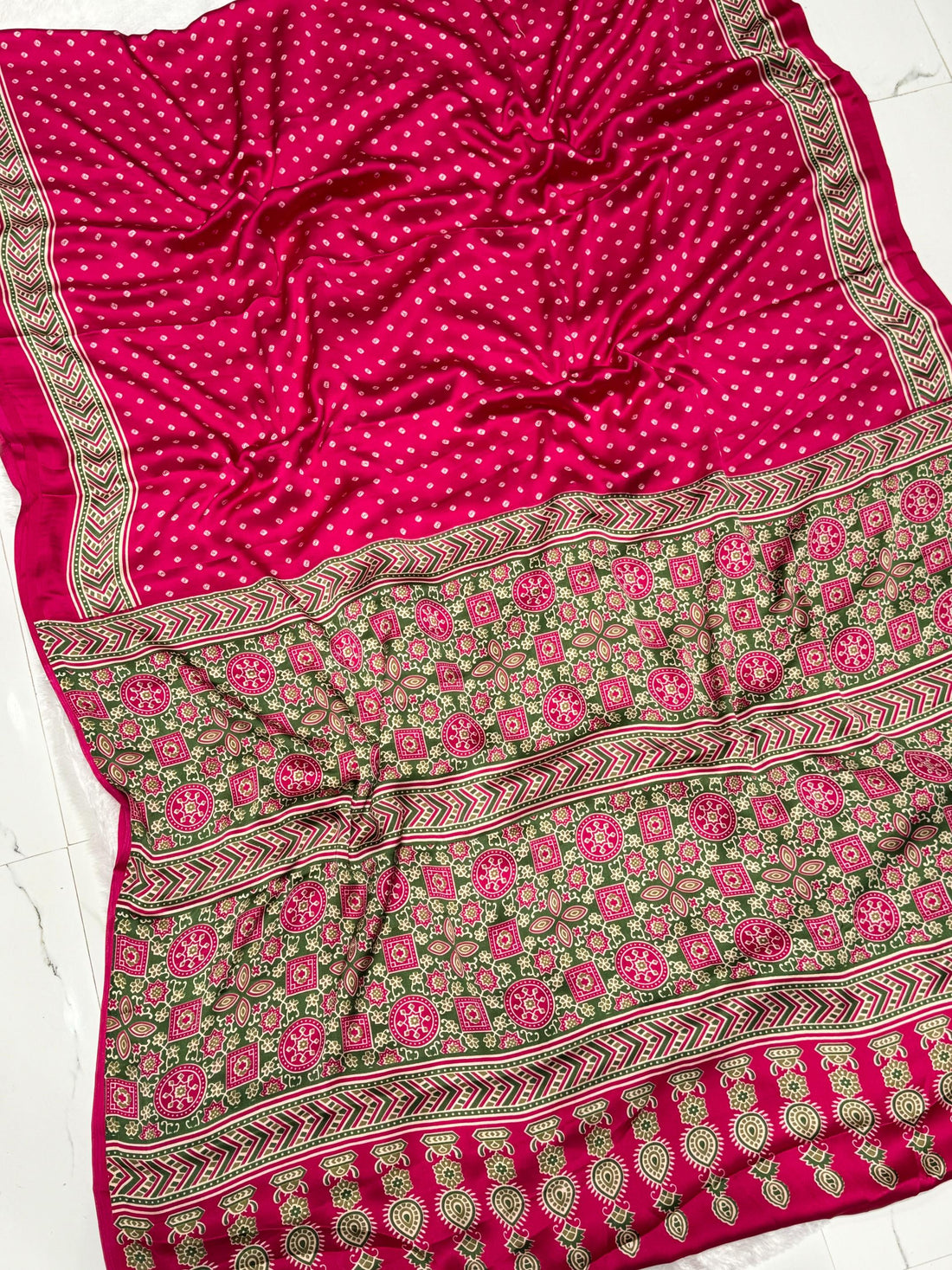 Rani Bandhani With Ajrakh Printed Soft Modal Silk Natural Print Saree P3