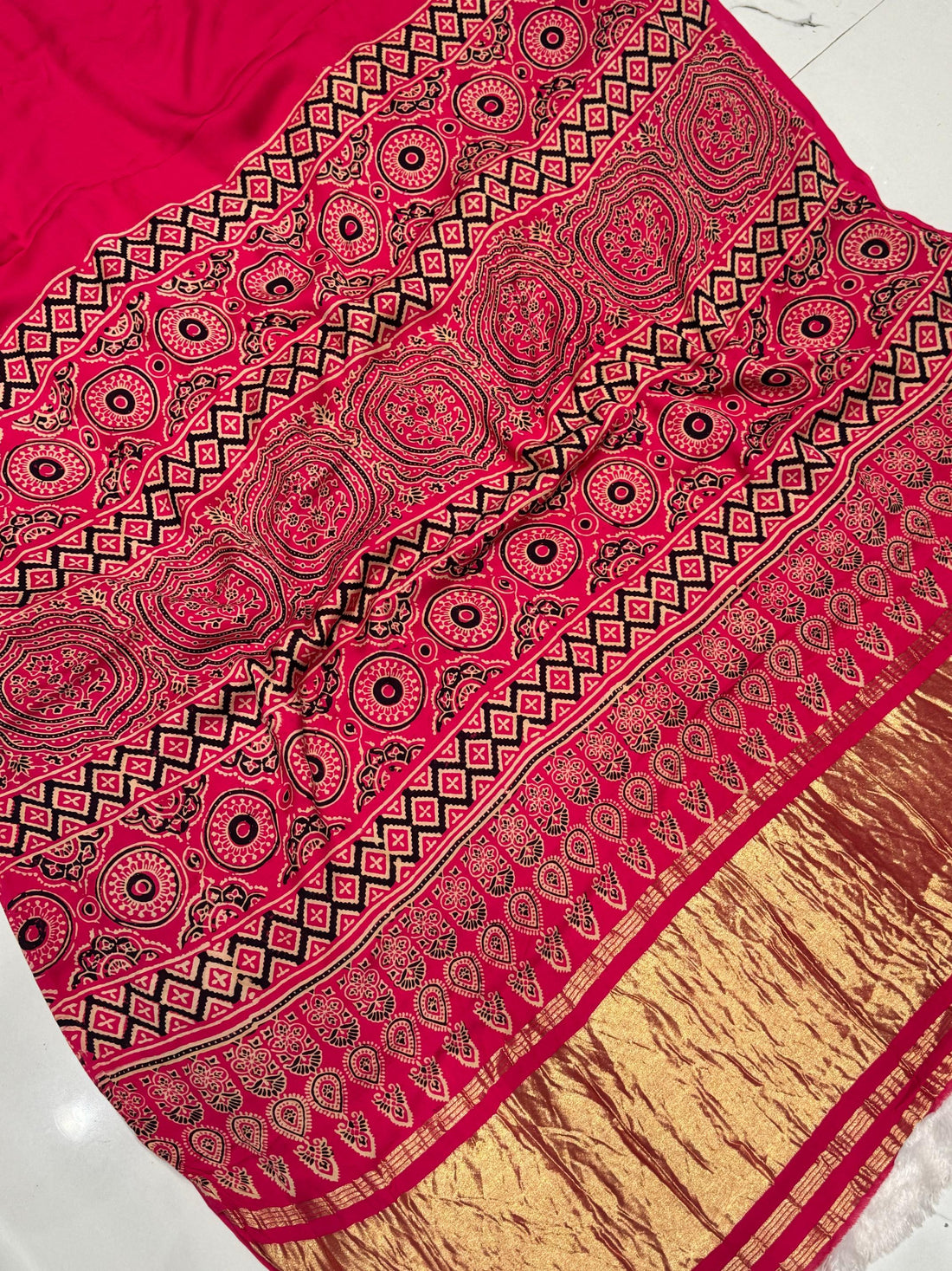 Rani Ajrakh Hand Block Modal Silk Plain Saree With Fancy Zari pallu