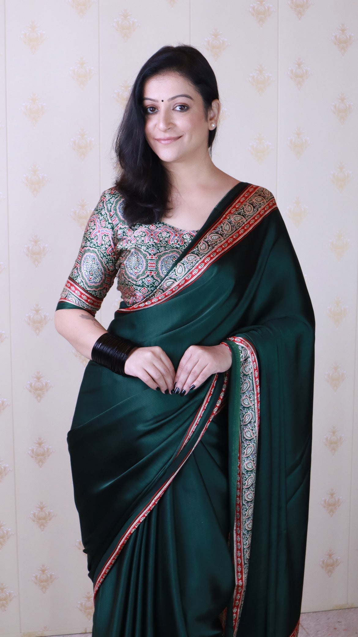 Richness Green Ajrakh Hand-Printed Modal Silk Saree With Blouse