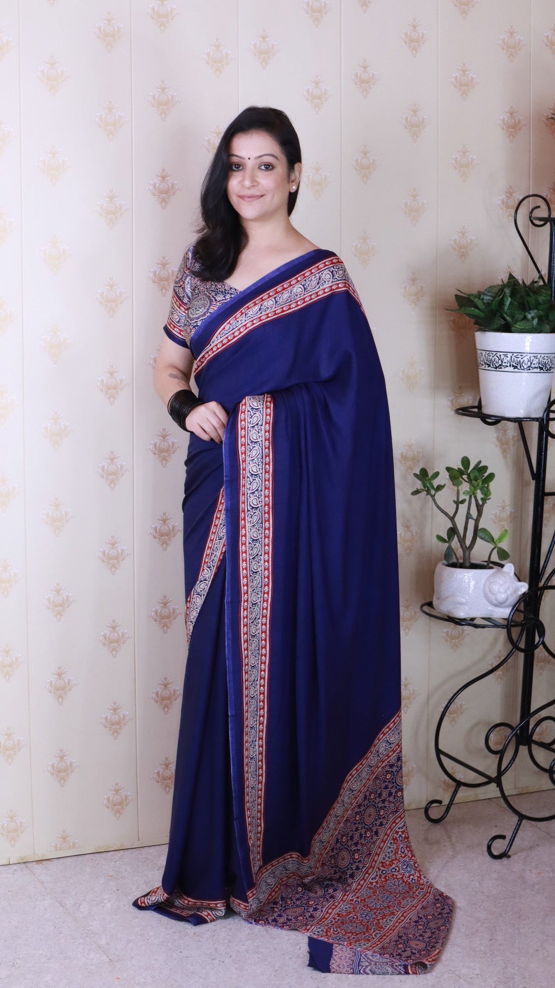Pretty Blue Ajrakh Hand-Printed Modal Silk Saree With Blouse