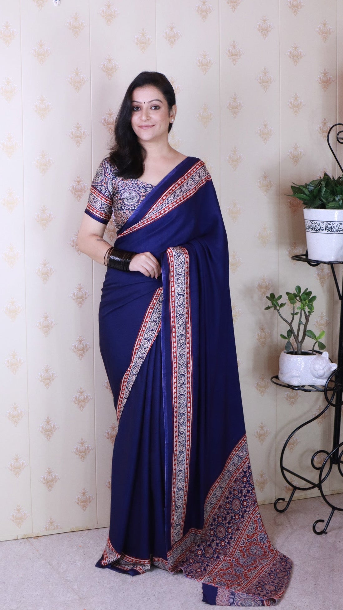 Pretty Blue Ajrakh Hand-Printed Modal Silk Saree With Blouse