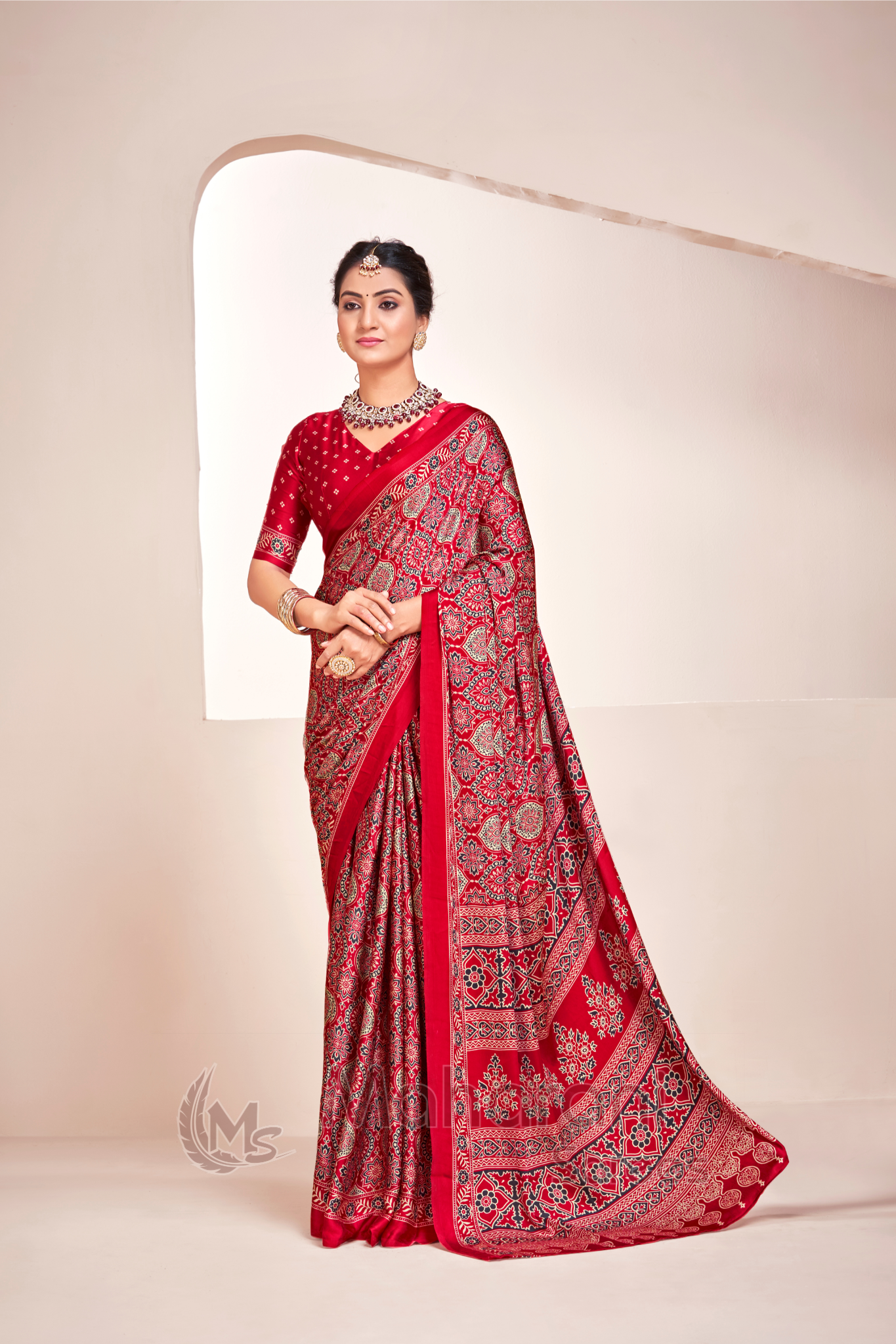 Maroon Ajrakh Printed Soft Modal Silk Natural Print Saree P2-1
