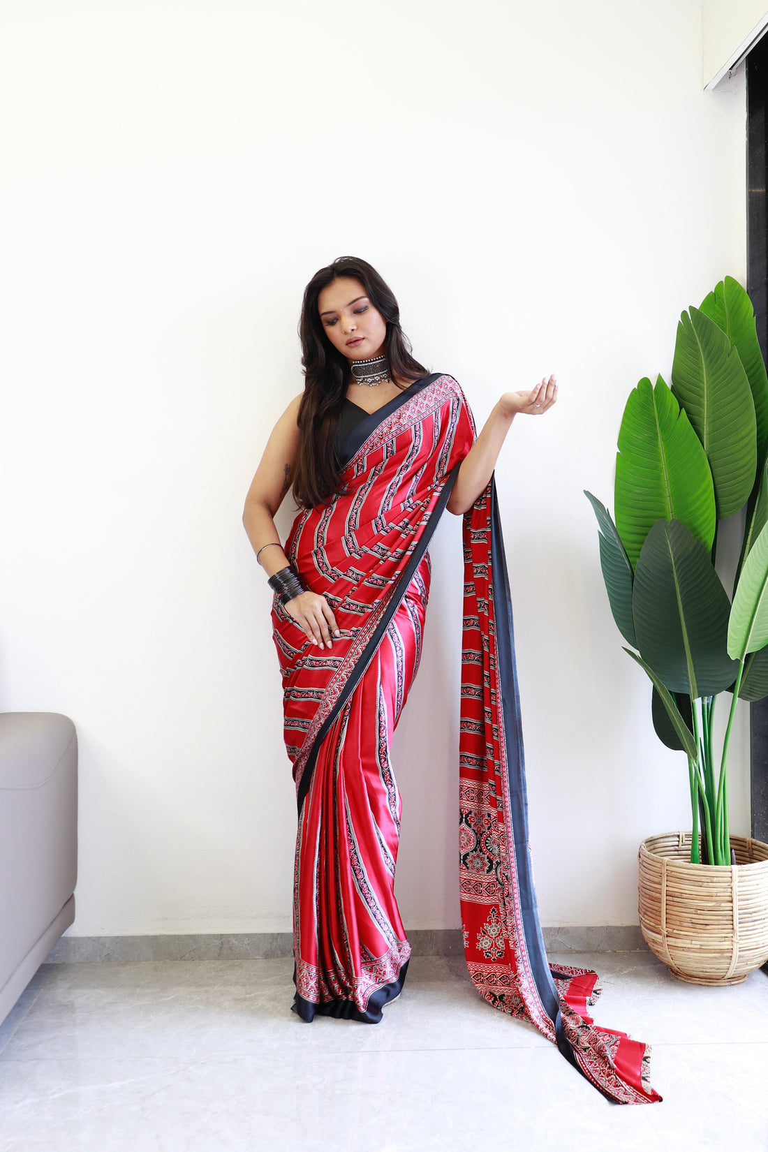 Black And Maroon Ajrakh Printed Soft Modal Silk Natural Print Saree P4-1