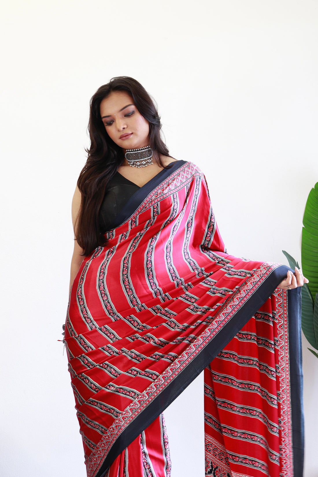Black And Maroon Ajrakh Printed Soft Modal Silk Natural Print Saree P4-1