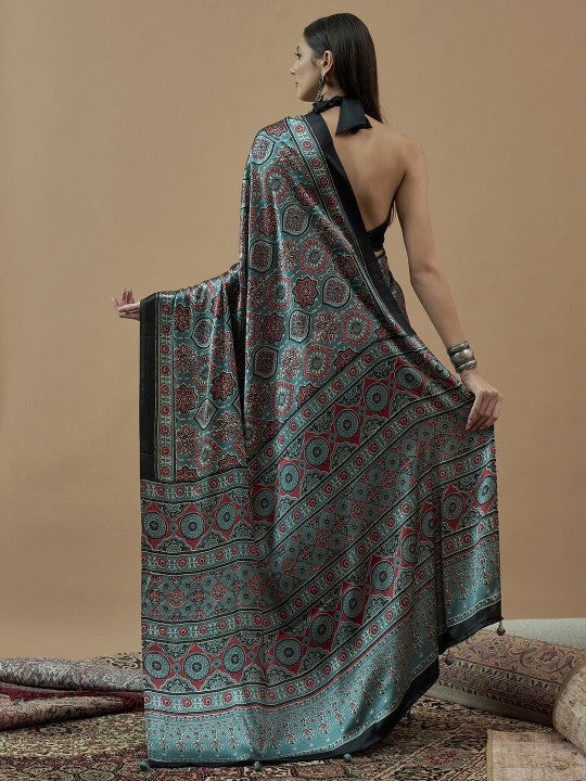 Sea Green Ajrak Crepe Block Print Sarees