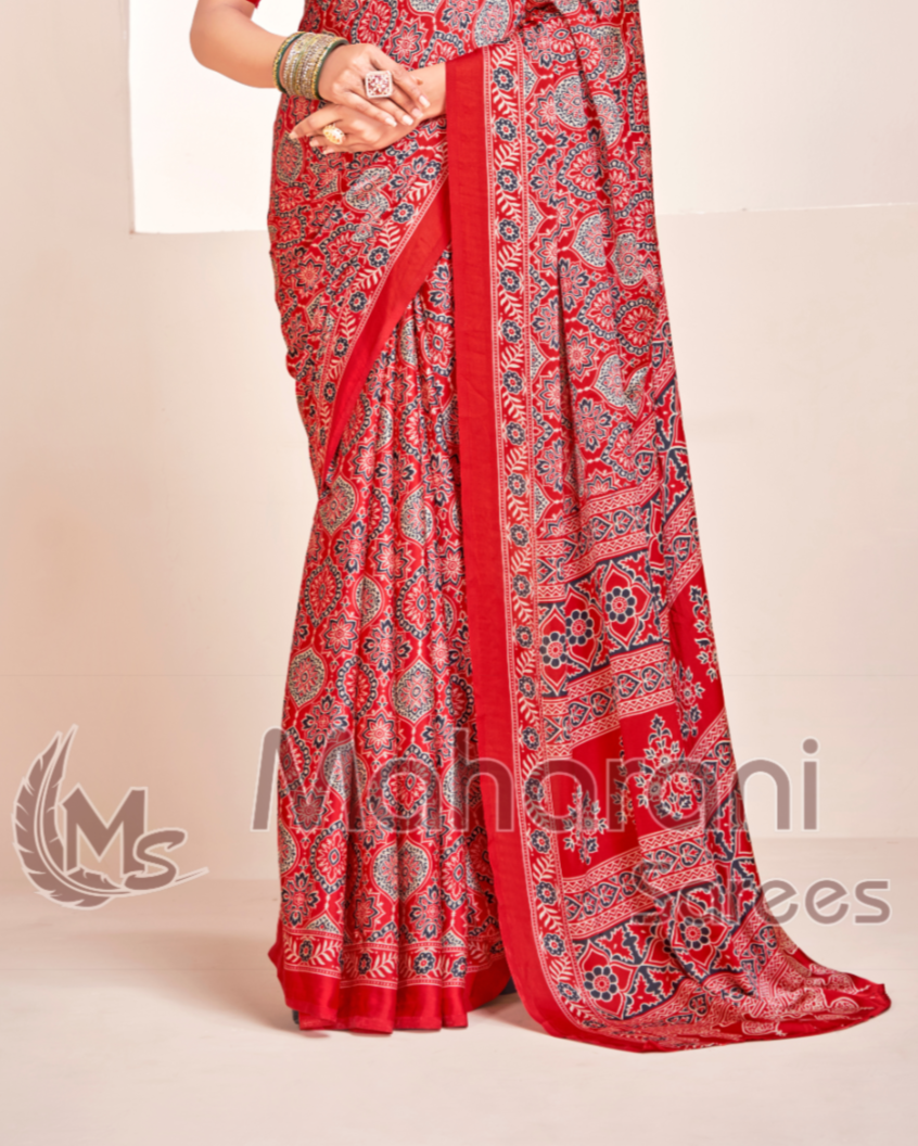 Red Ajrakh Printed Soft Modal Silk Natural Print Saree P2-1