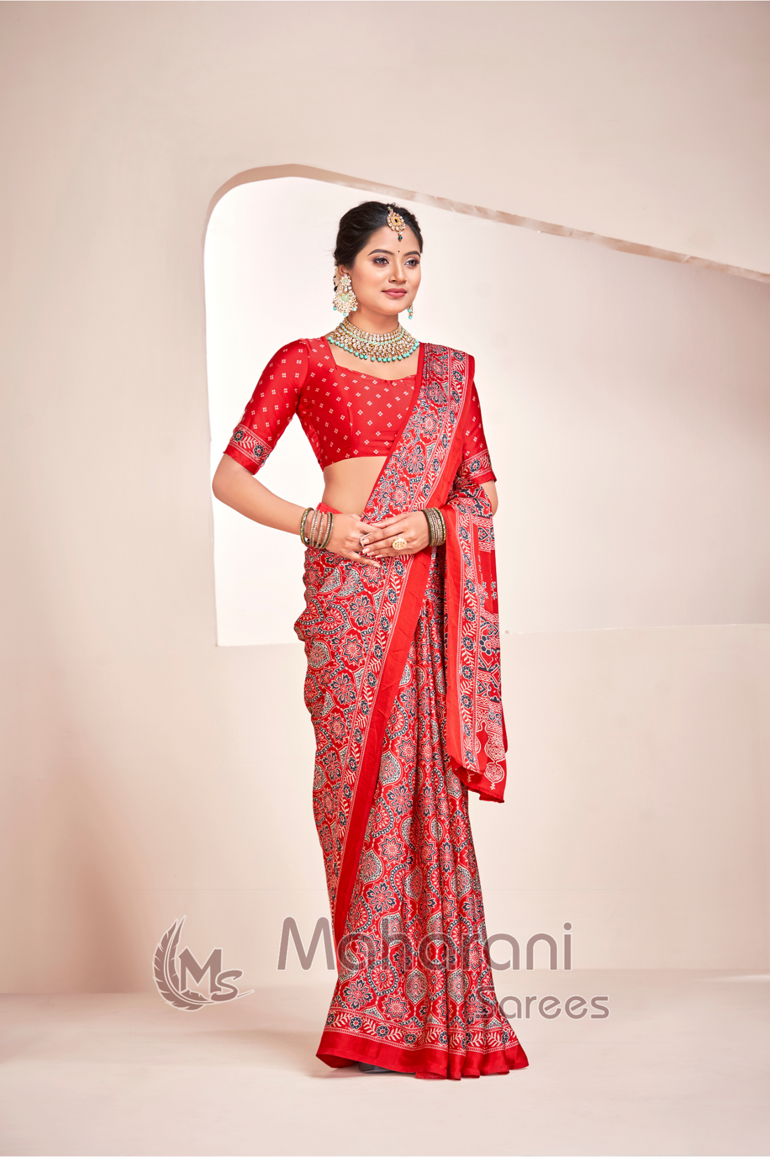 Red Ajrakh Printed Soft Modal Silk Natural Print Saree P2-1