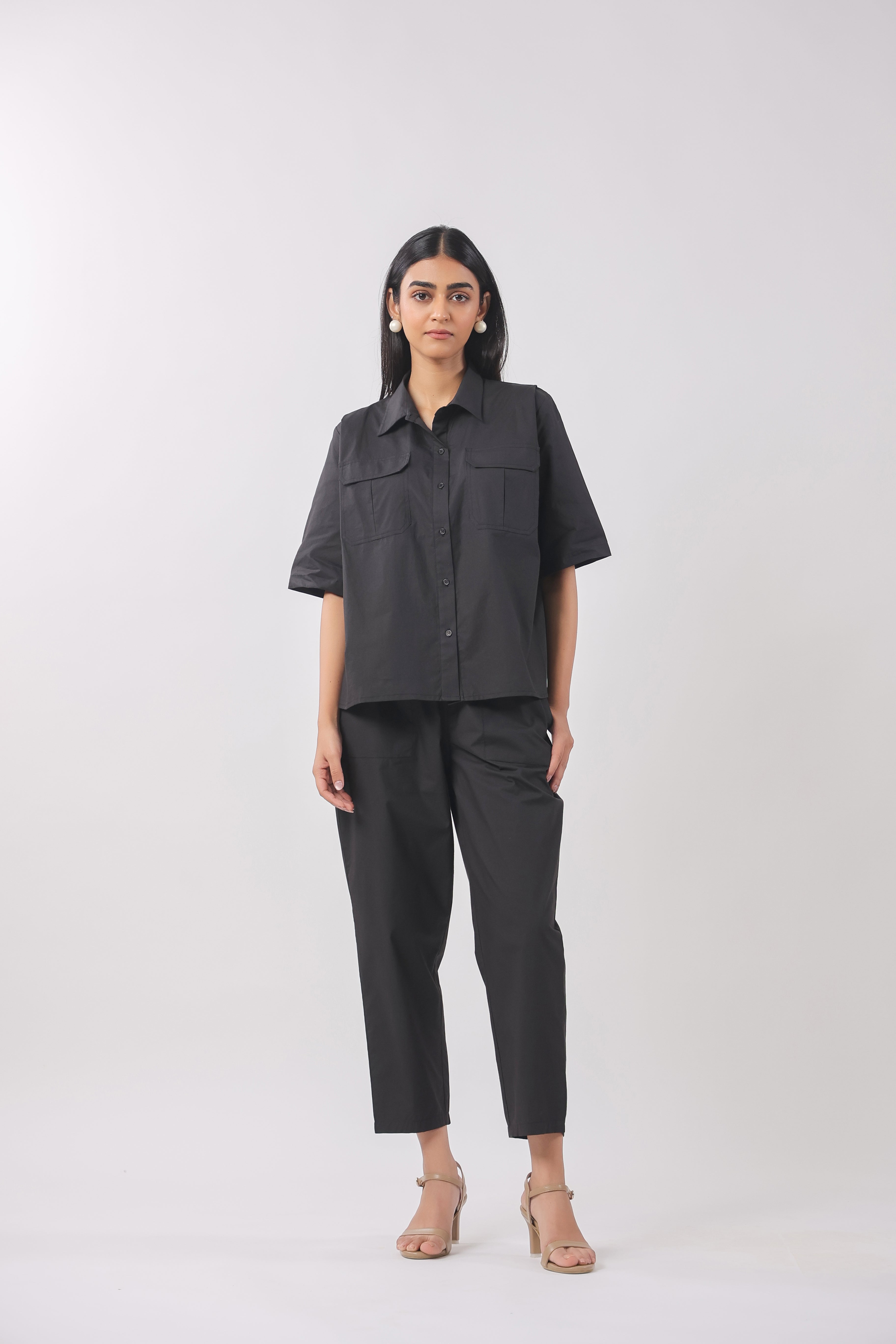 Women Black Solid Cotton Half Sleeve Shirt Collar Co-Ord Set