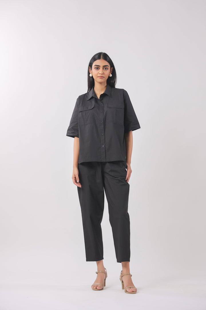 Women Black Solid Cotton Half Sleeve Shirt Collar Co-Ord Set