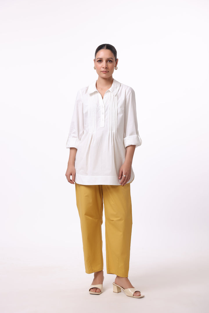 Women’s White Cotton Shirt with Yellow Cotton Pant Co-Ord Set