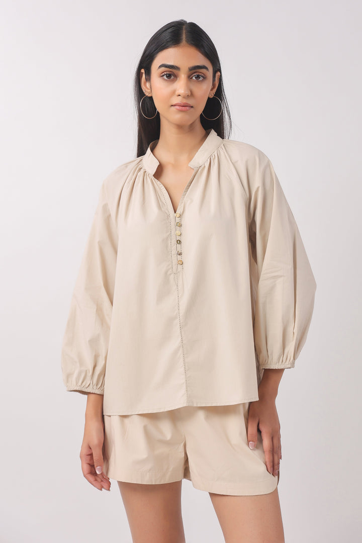 Women’s Beige Cotton Top with Beige Shorts Co-Ord Set