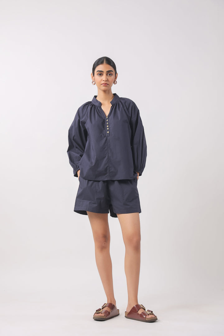 Women’s Navy Blue Cotton Top with Navy Blue Shorts Co-Ord Set