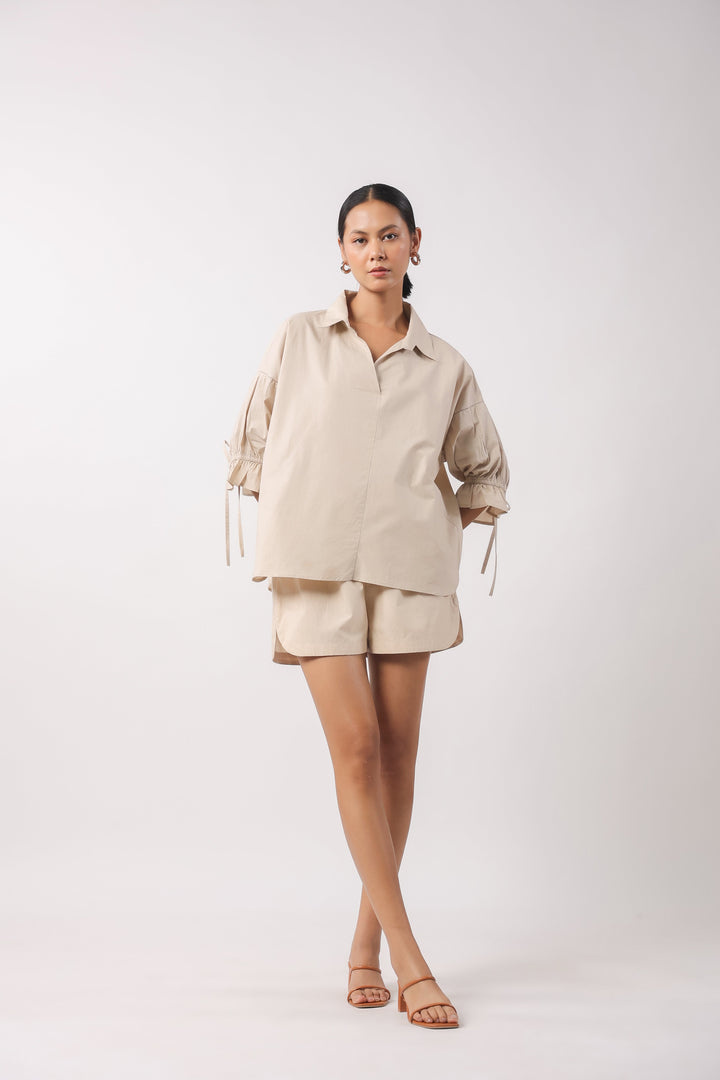 Women Beige Solid Cotton 3/4 Sleeve Shirt Collar Co-Ord Set