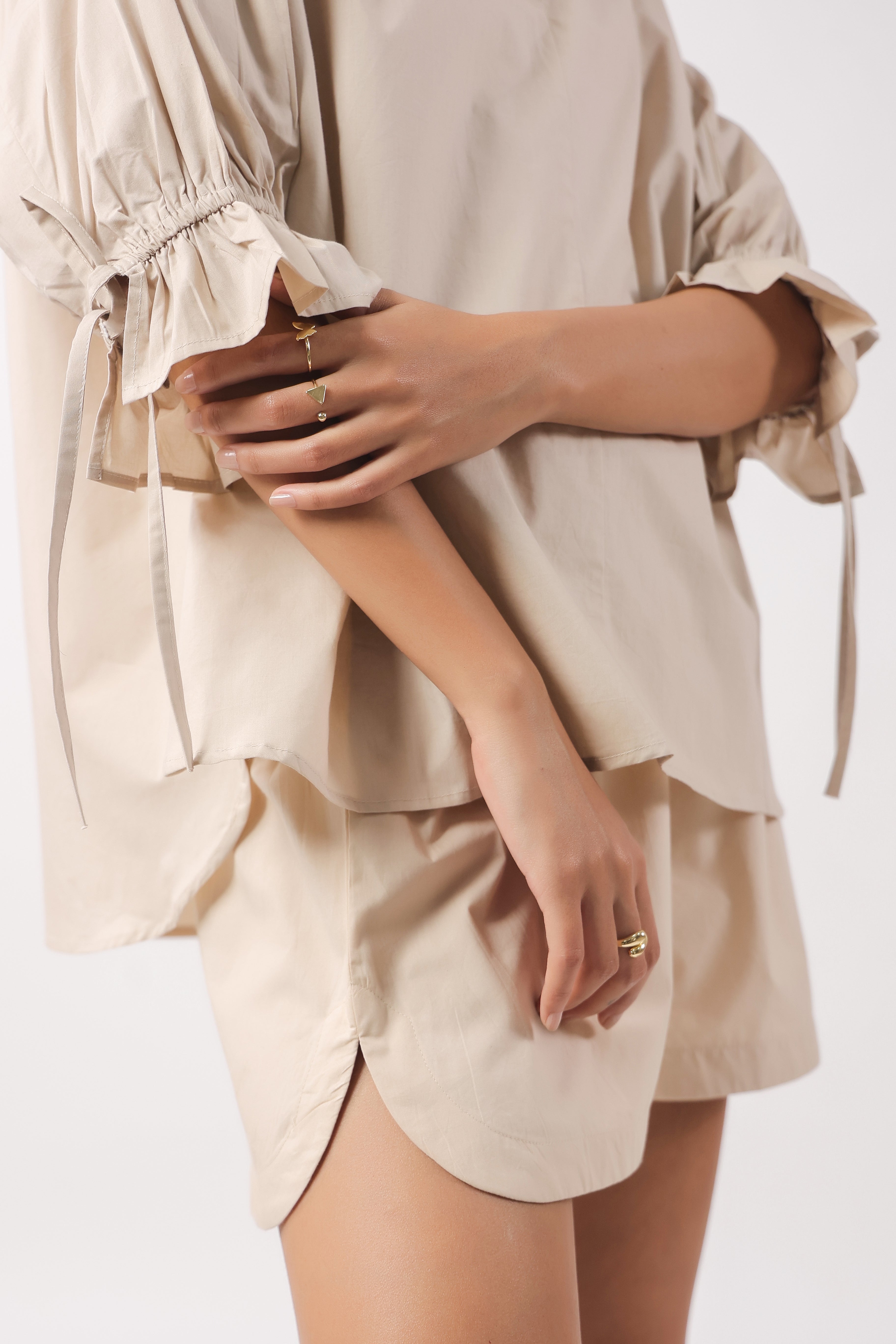Women Beige Solid Cotton 3/4 Sleeve Shirt Collar Co-Ord Set