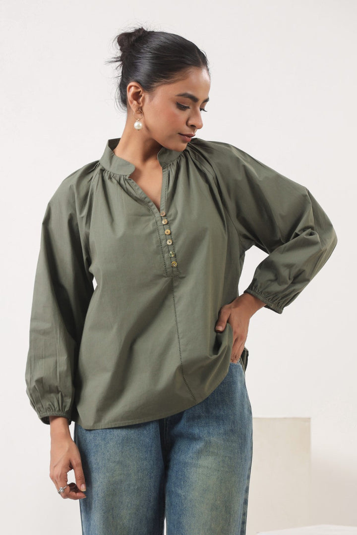 Women’s Olive Green Cotton Poplin Top