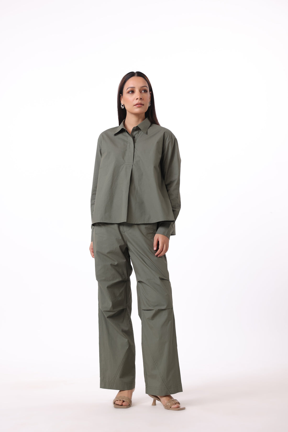 Women’s Green Cotton Shirt with Green Cotton Pant Co-Ord Set