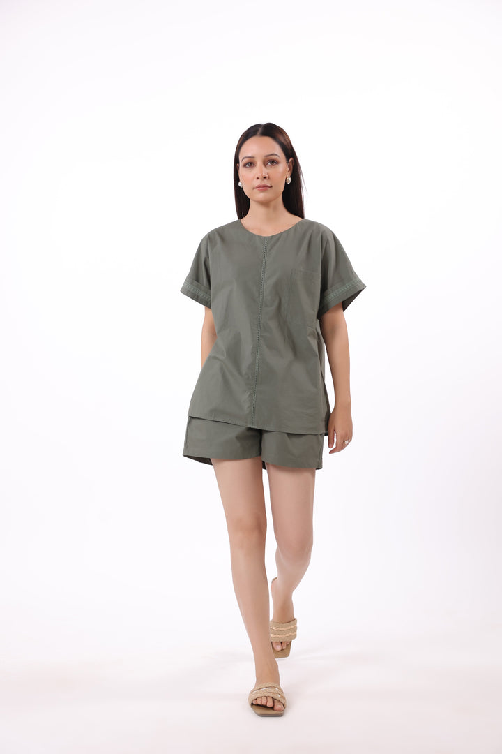 Women’s Green Cotton Top with Green Cotton Shorts Co-Ord Set