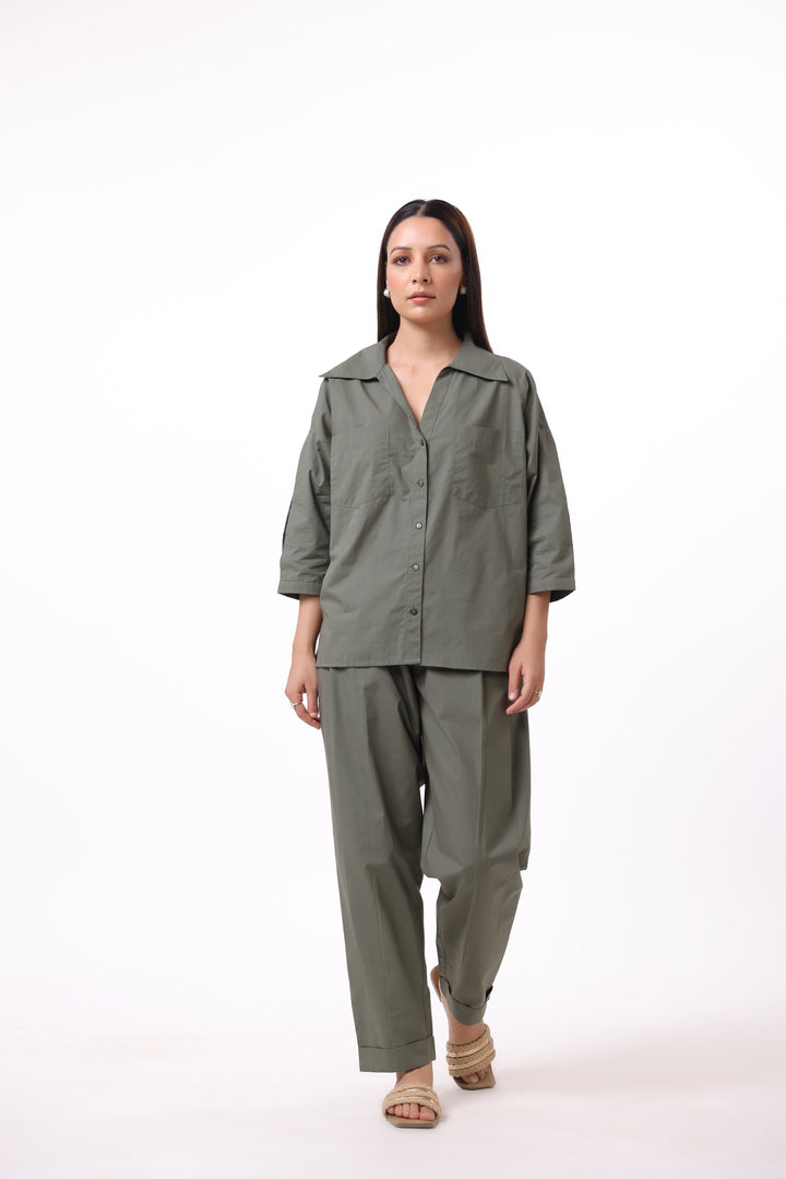 Women’s Green Cotton Shirt with Cotton Pant Co-Ord Set