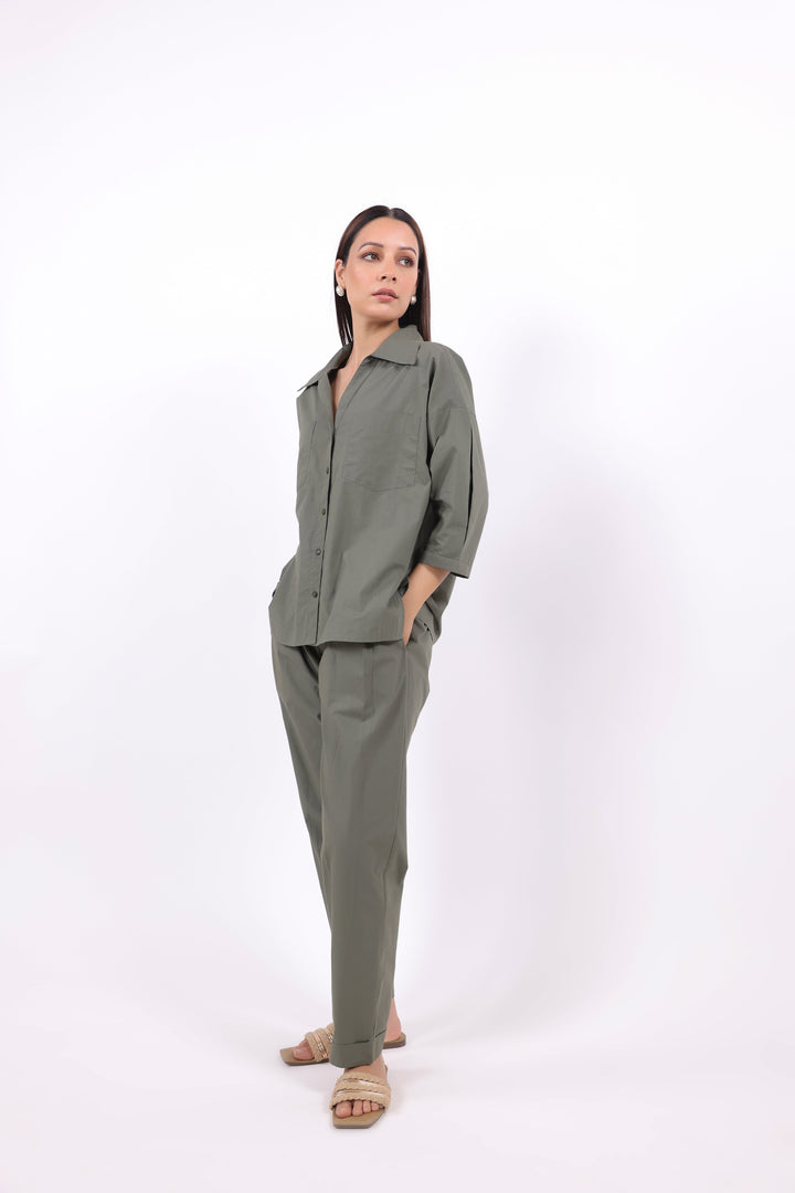 Women’s Green Cotton Shirt with Cotton Pant Co-Ord Set