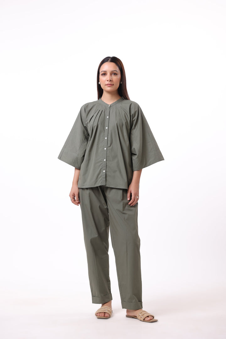 Women Green Solid Cotton Top & Pant Co-Ord Set