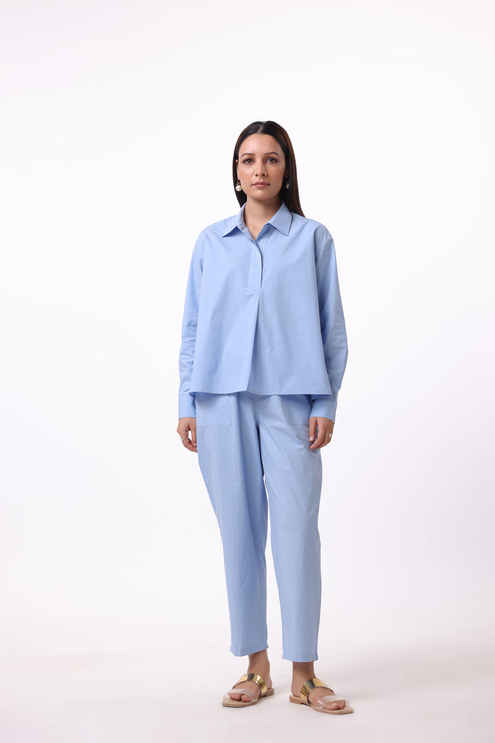 Women Blue Solid Cotton Top & Pant Co-Ord Set