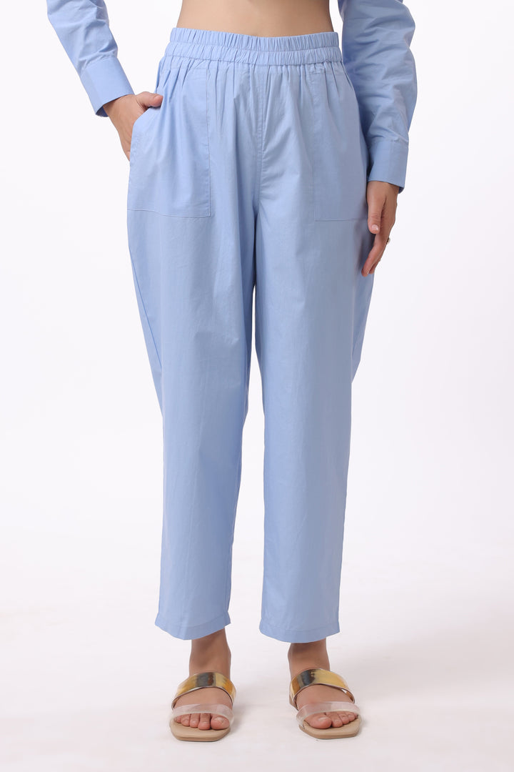 Women Blue Solid Cotton Pant