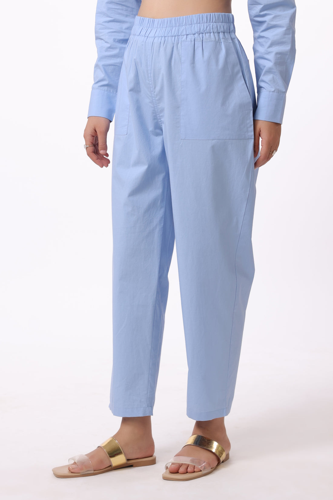 Women Blue Solid Cotton Pant