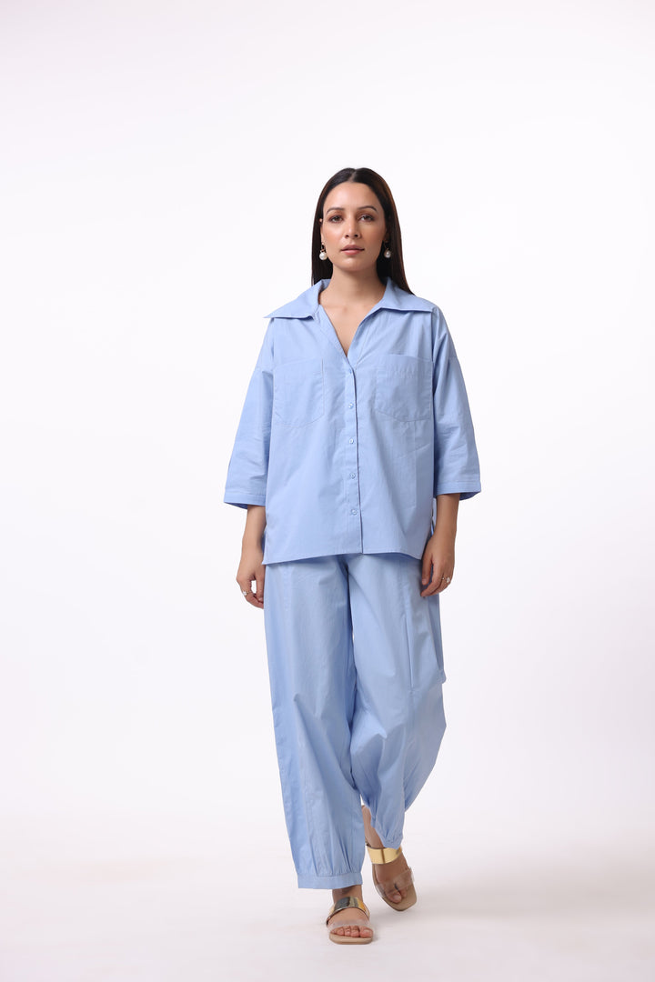Women’s Blue Cotton Shirt with Cotton Pant Co-Ord Set