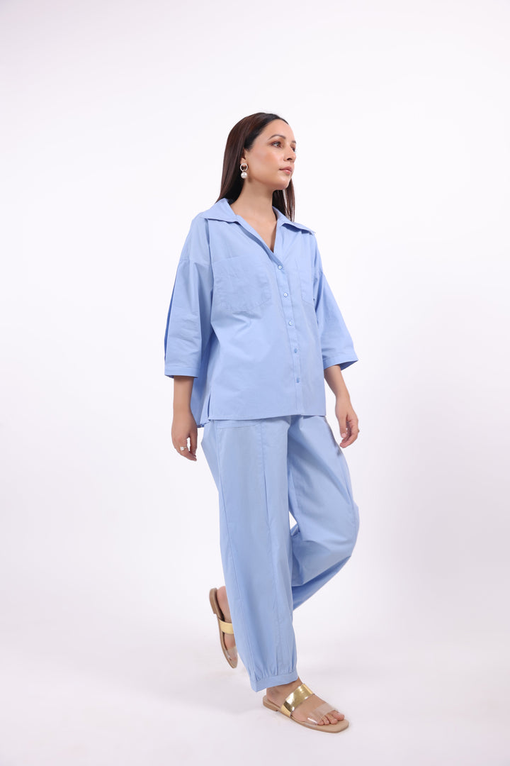 Women’s Blue Cotton Shirt with Cotton Pant Co-Ord Set
