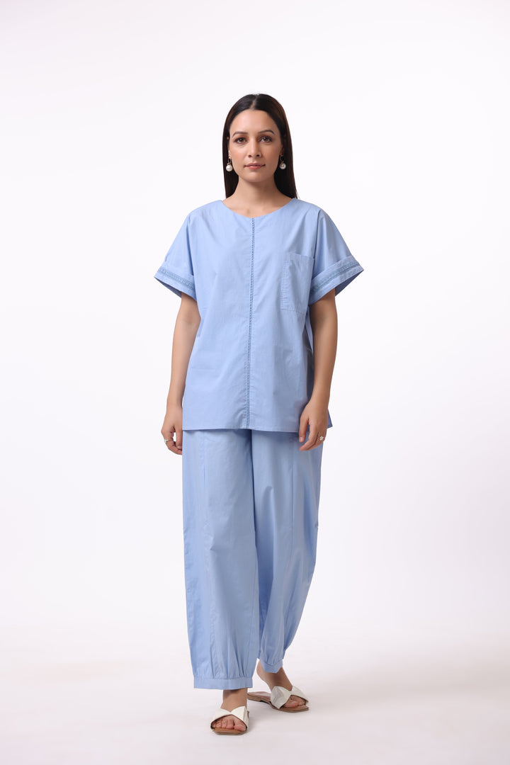 Women’s Blue Cotton Shirt with Blue Cotton Pant Co-Ord Set