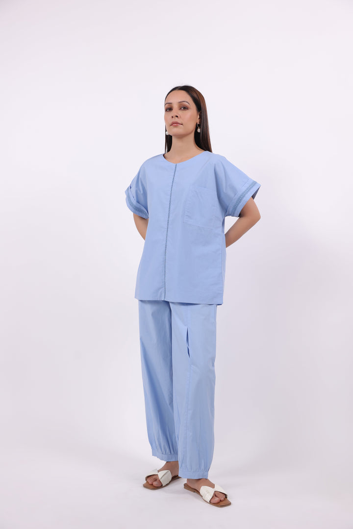 Women’s Blue Cotton Shirt with Blue Cotton Pant Co-Ord Set