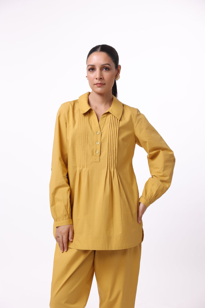 Women’s Yellow Cotton Shirt with Yellow Cotton Pant Co-Ord Set
