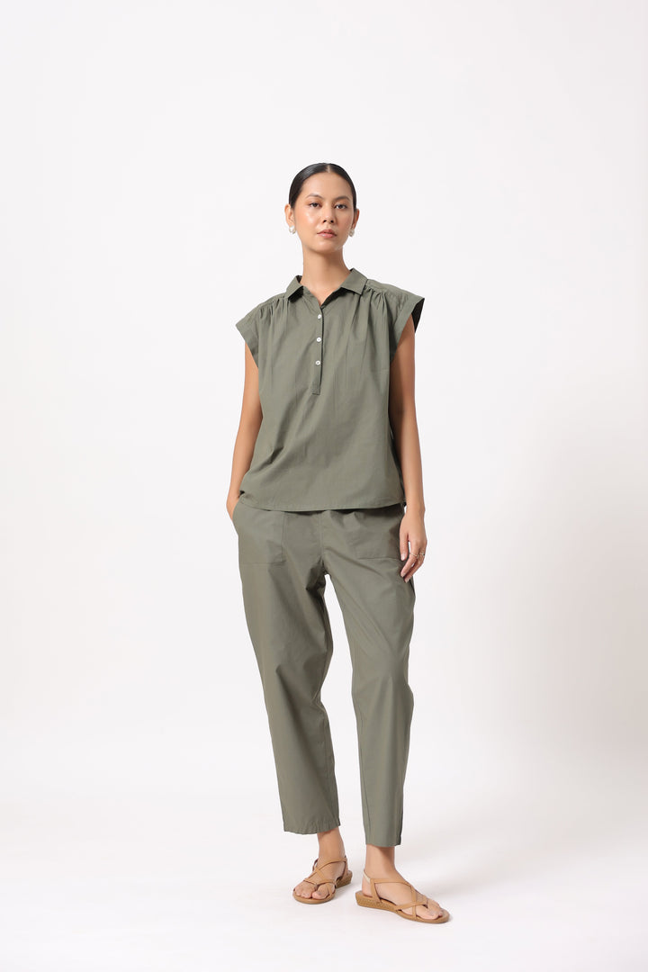 Women’s Olive Green Cotton Top with Olive Green Pants Co-Ord Set