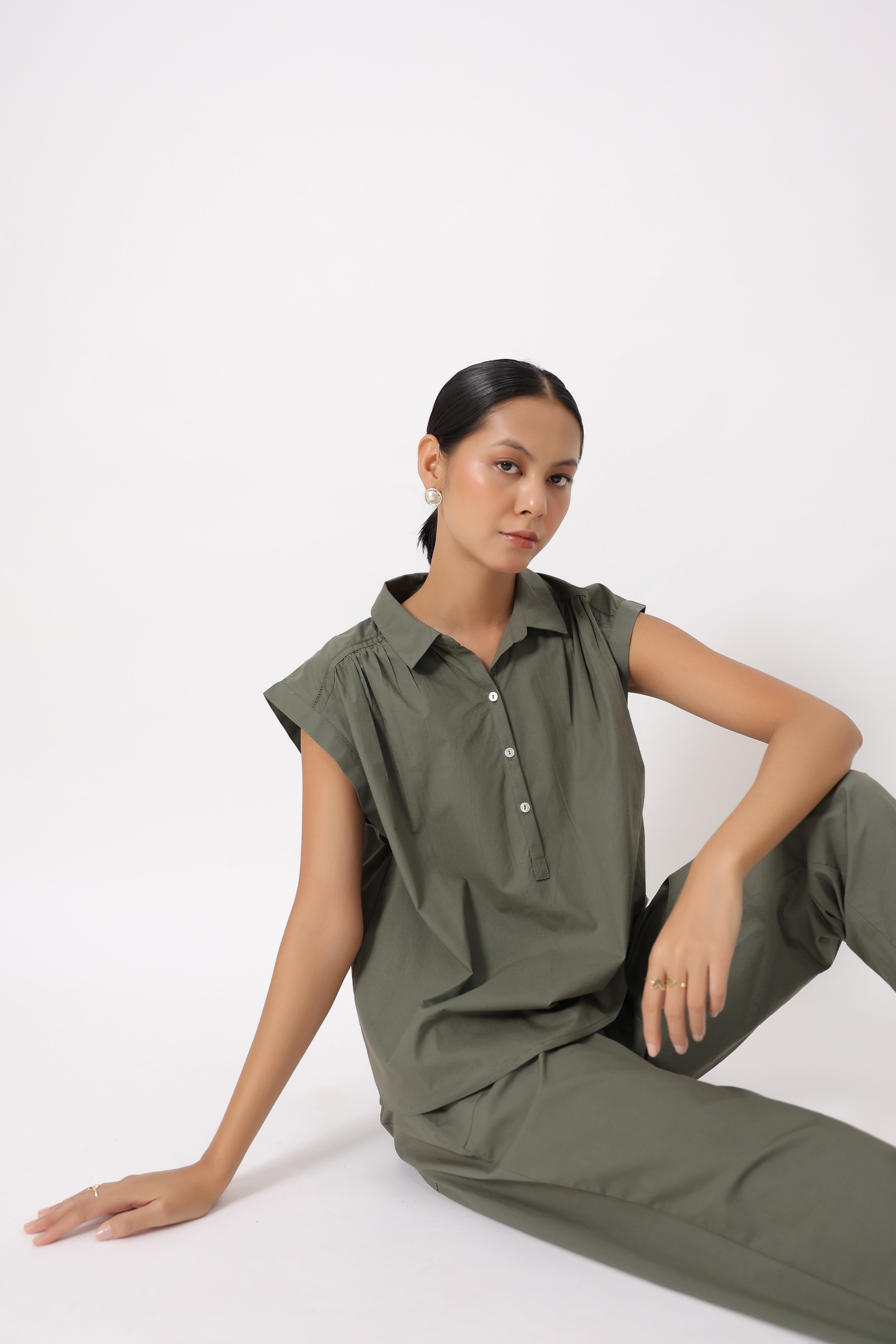 Women’s Olive Green Cotton Top with Olive Green Pants Co-Ord Set