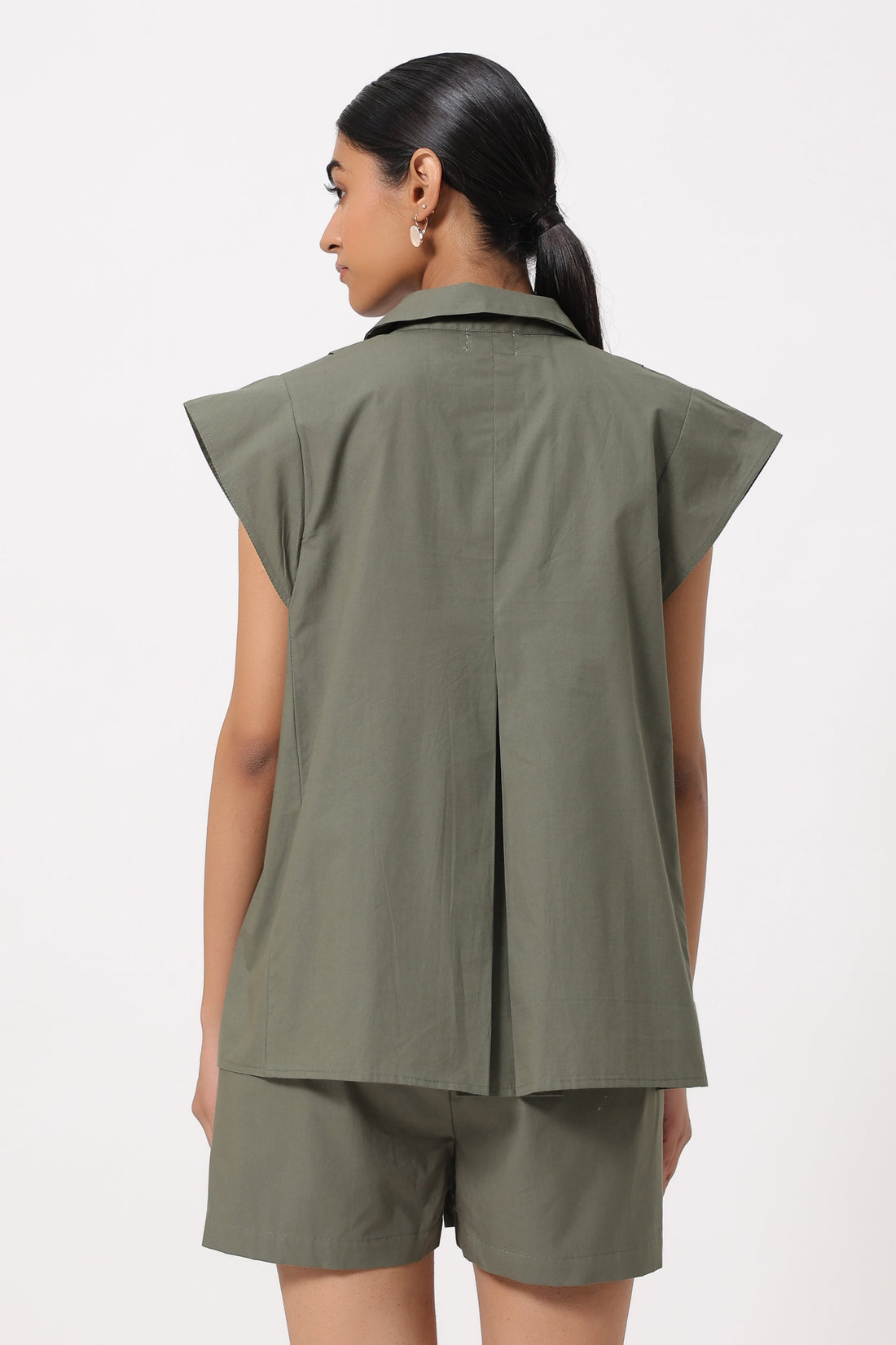 Women Khaki Green Solid Cotton Short Sleeve Shirt Collar Co-Ord Set