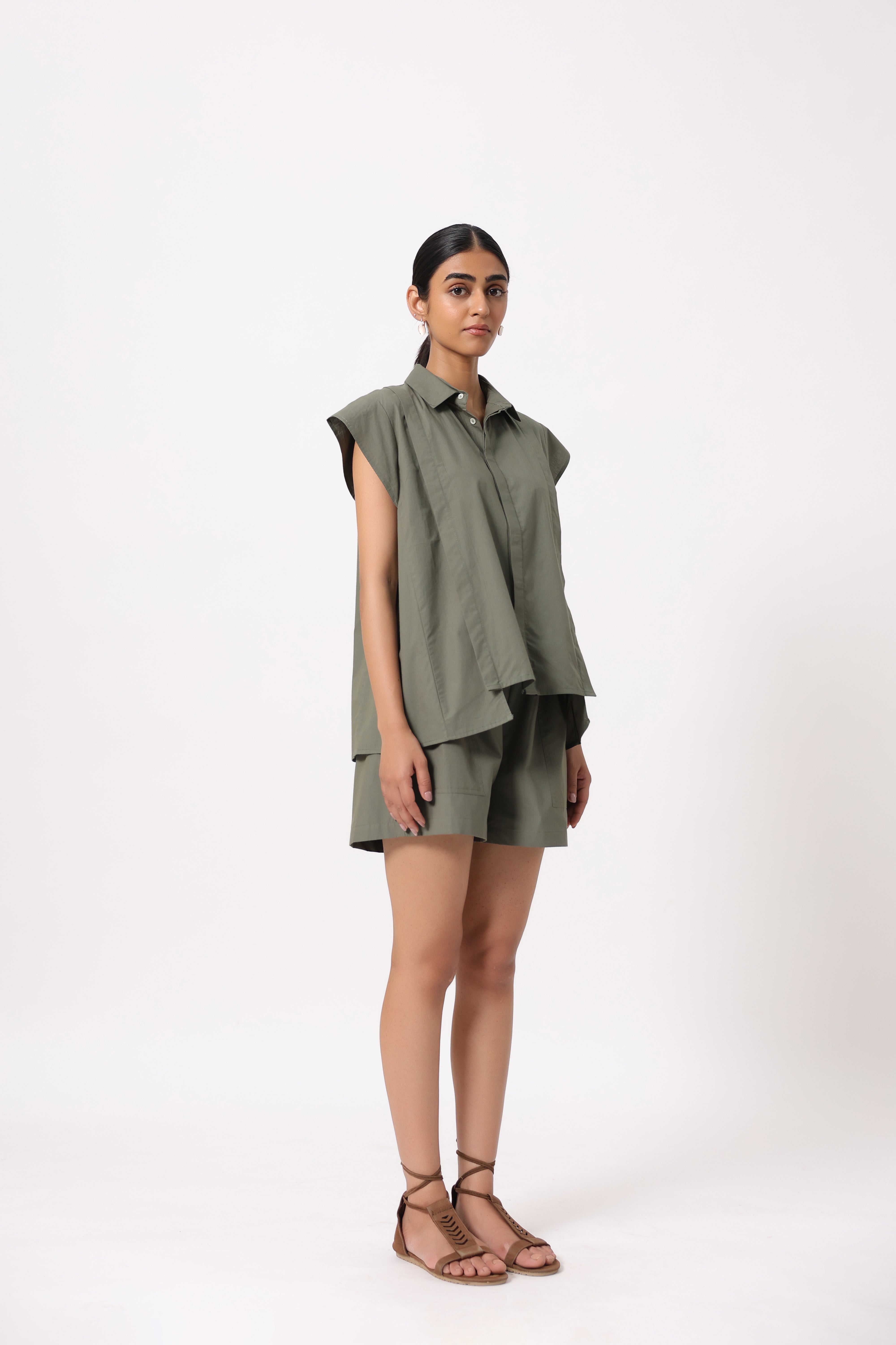 Women Khaki Green Solid Cotton Short Sleeve Shirt Collar Co-Ord Set