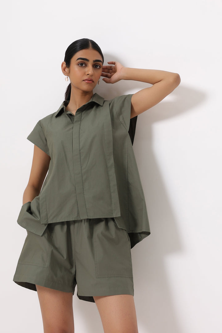 Women Khaki Green Solid Cotton Short Sleeve Shirt Collar Co-Ord Set