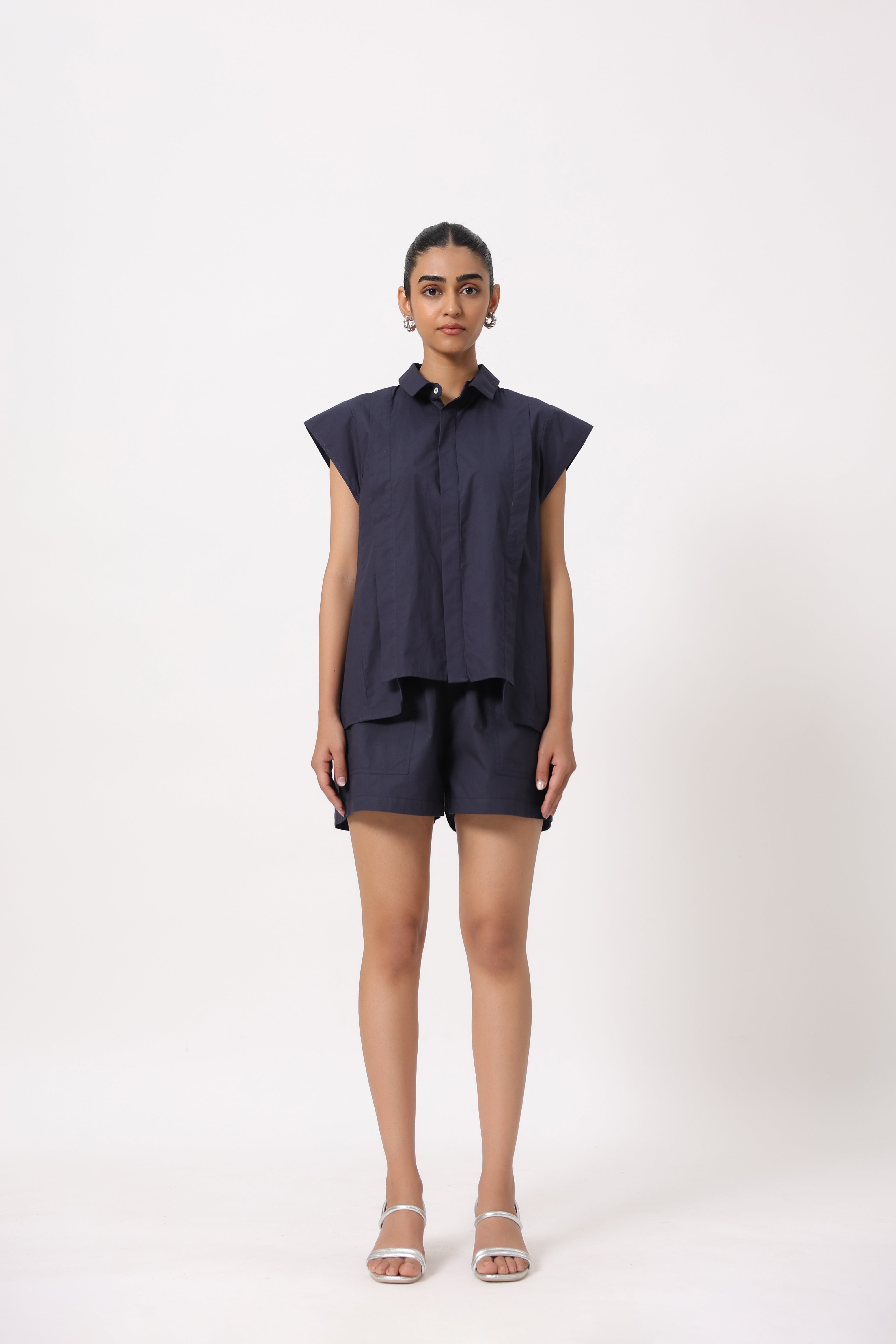 Women Navy Solid Cotton Short Sleeve Shirt Collar Co-Ord Set