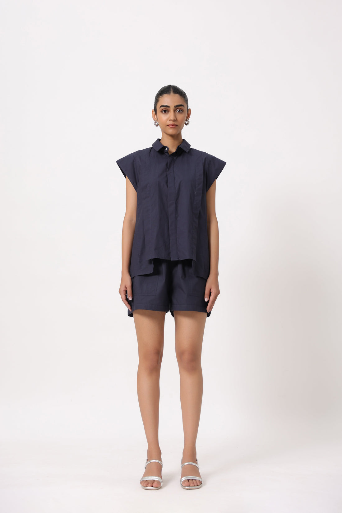 Women Navy Solid Cotton Short Sleeve Shirt Collar Co-Ord Set