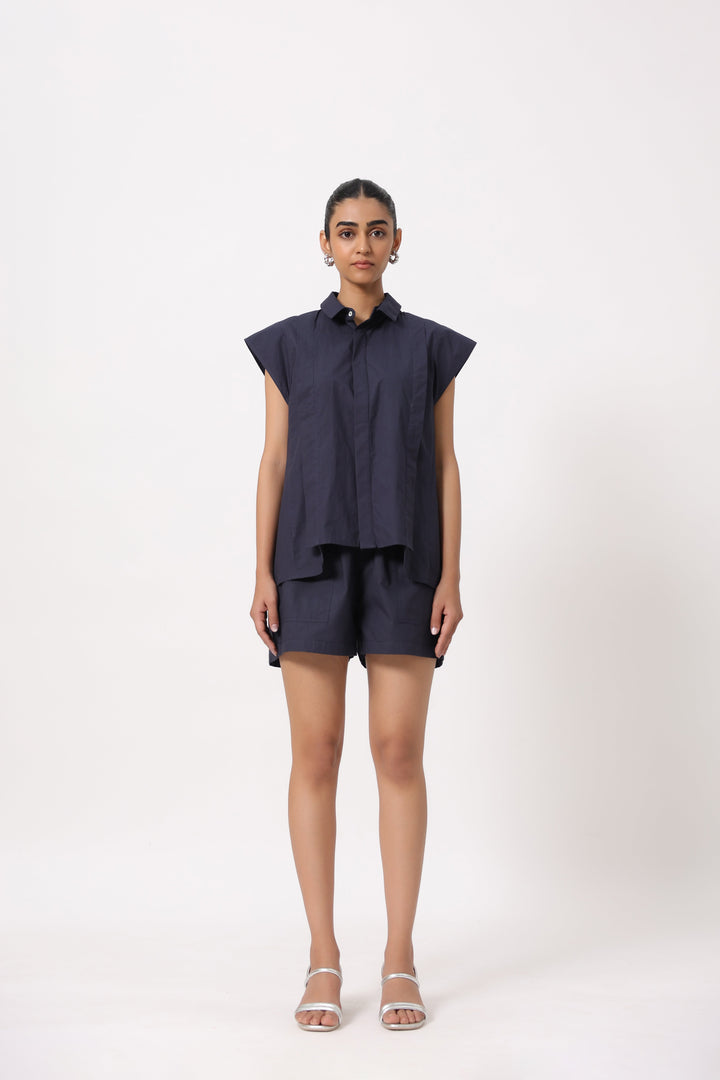 Women Navy Solid Cotton Short Sleeve Shirt Collar Co-Ord Set